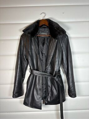 Vintage 100% Leather Belted Faux Fur Collar Jacket George Quiet Luxury S